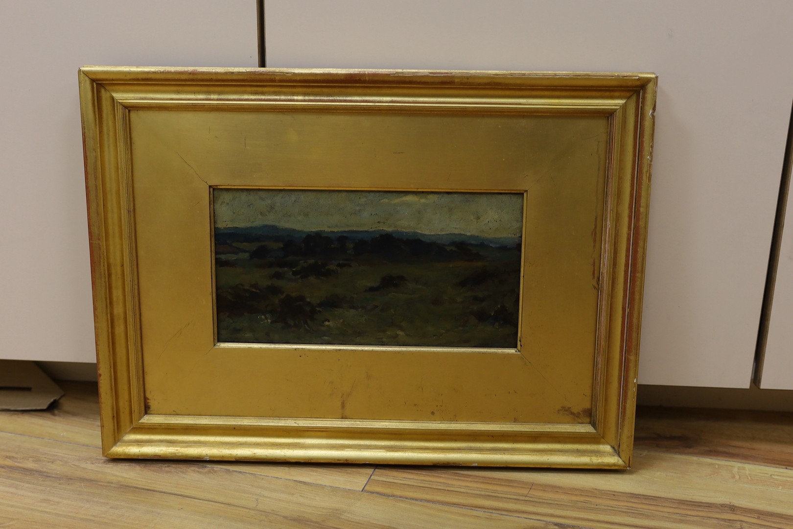 Early 20th century English School, oil on board, Landscape sketch, 15 x 30cm